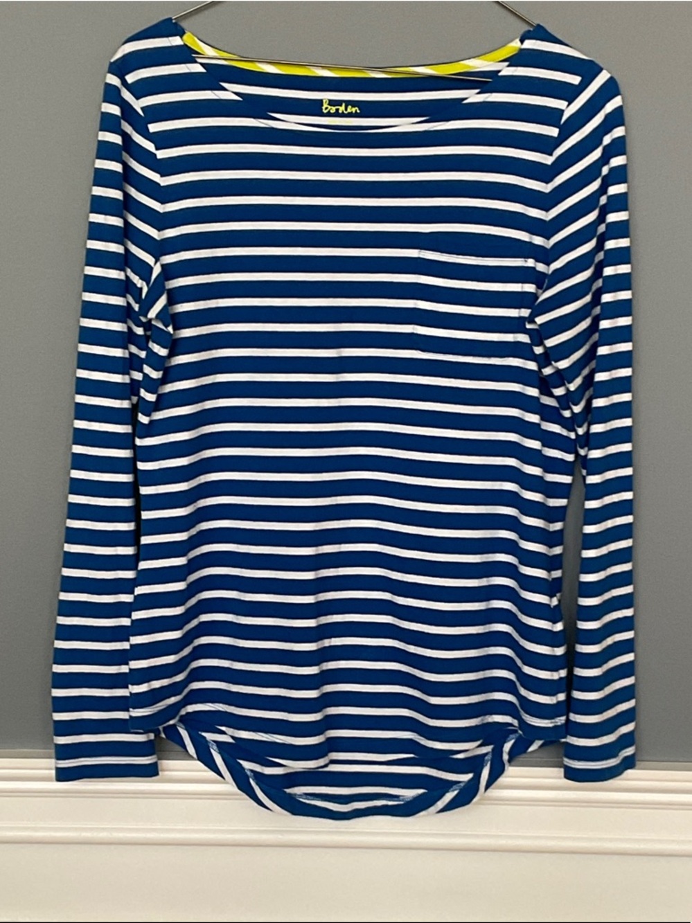 Boden Blue and White Striped Long Sleeve Top with Yellow Neck Trim